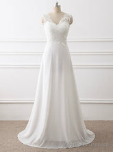 White V-neck Chiffon Lace Beading Wedding Dress
